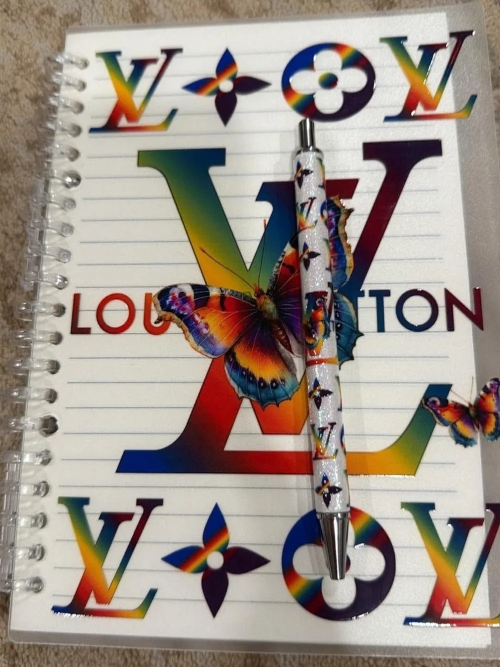 Handmade Rainbow Gradient Monogram Pen And Reillable Notebpok with Butterflies